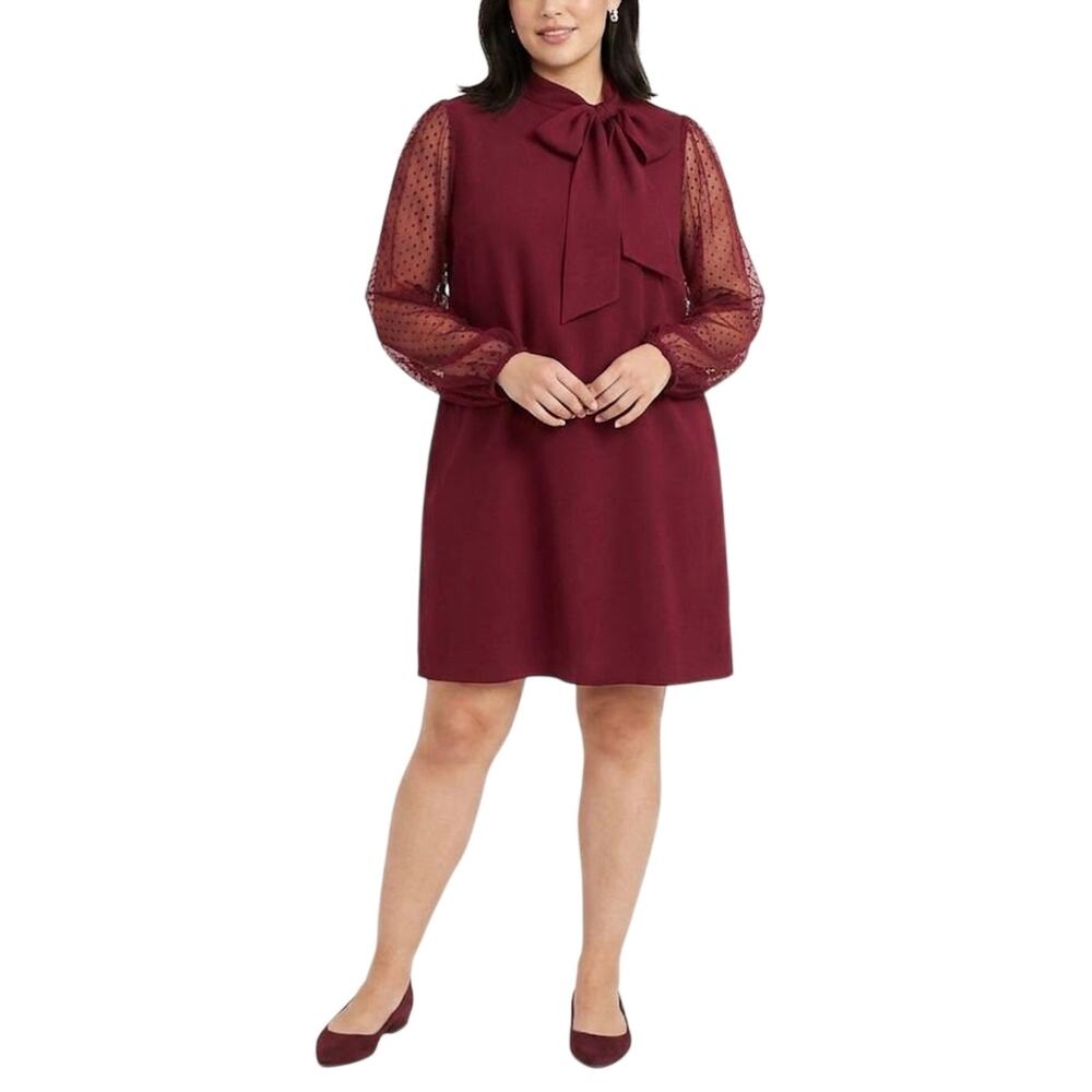 Vince Camuto Burgundy Red Dress Long Dot Sleeve Tie Neck Shift Mini Size 14W